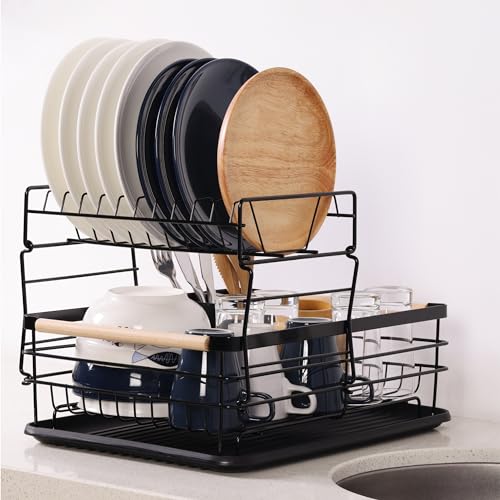 Navaris Abtropfgestell Geschirr - Geschirrabtropfgestell - Abtropfgestell 2 Etagen - Geschirr Abtropfständer - Geschirrtrockner schwarz - Geschirrtrockner groß - Dish Drying Rack von Navaris