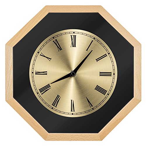 Navaris Analog Holz Wanduhr Achteck Design - 30 x 30 x 3,5cm - analoge Hängeuhr Uhr zum Aufhängen mit goldenem Ziffernblatt - Holzuhr Hellbraun von Navaris