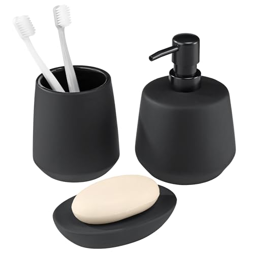 Navaris Badezimmer Set Schwarz - Hochwertige Keramik Badaccessoires - 3-teiliges Set - Zahnputzbecher, Seifenablage, Spender - Badezimmer Zubehör - Seifenspender Set - Bad Set von Navaris