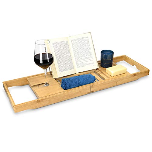 Navaris Bambus Badewannenablage ausziehbar - mit Buch iPad Stopper Handy Ablage Weinglas Halterung - Tablett für die Badewanne - aus Holz in Braun von Navaris