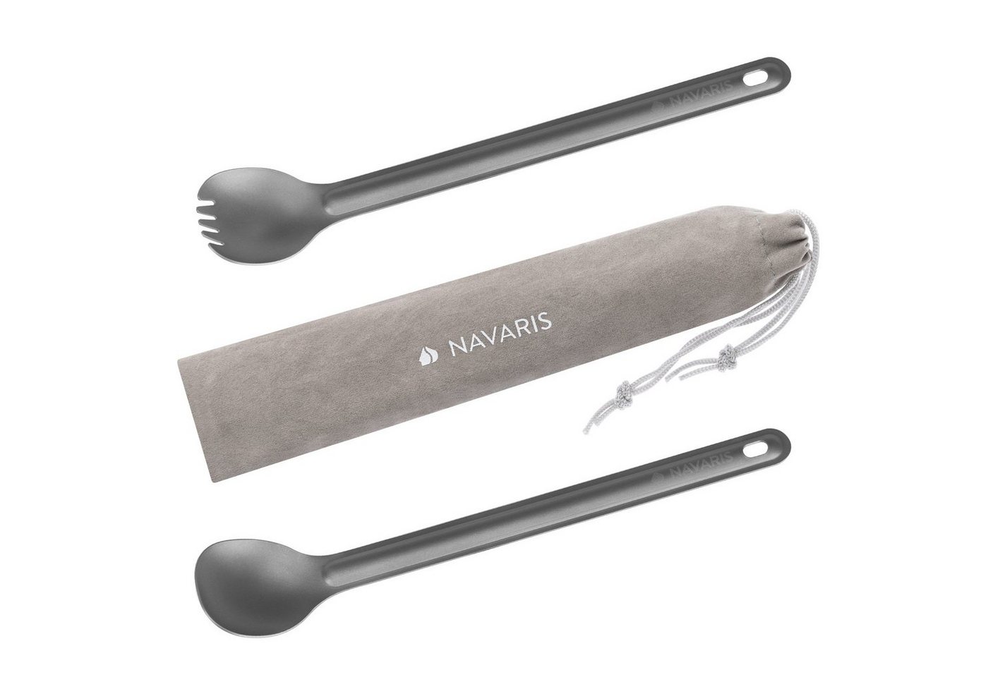 Navaris Campinglöffel -2er Set Titan Besteck - extra lang - Göffel Spork + Löffel + Tasche (1 Stück) von Navaris