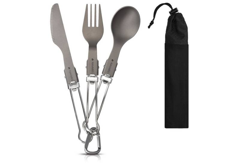 Navaris Besteck-Set Titan Camping Besteck 3tlg. - Outdoor Messer Gabel Löffel inkl. Tasche (1-tlg), Titan von Navaris