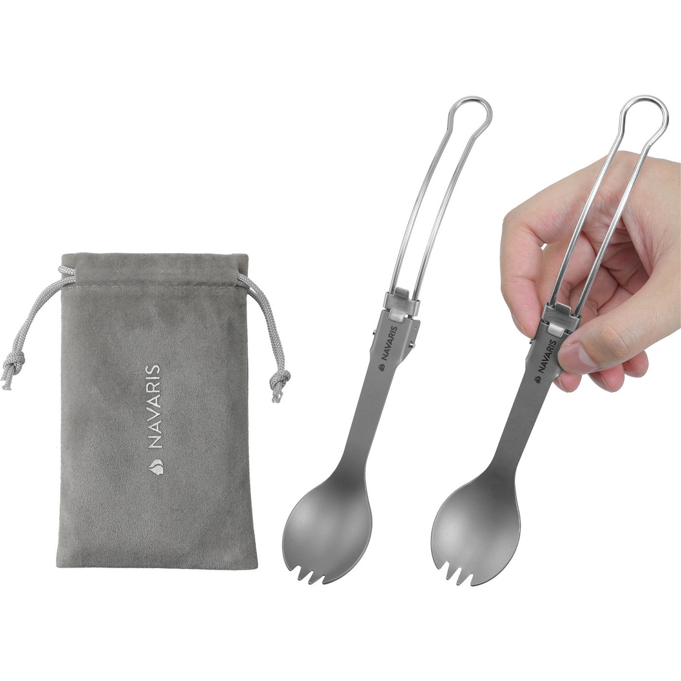 Navaris Besteck-Set 2x Titan Göffel mit langem Griff Essbesteck Löffel Set klappbar (2-tlg), Titan, Titan und Edelstahl Spork Set Outdoor Besteck Camping von Navaris