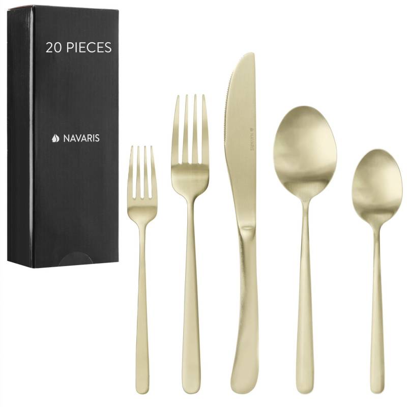 Navaris Besteck-Set Besteck Edelstahl 18/0 - Löffel Messer und Gabel Set - Cutlery Set (20-tlg), Edelstahl, Edelstahl Besteck Set 4 Personen - 20-teiliges Besteckset Gold matt von Navaris