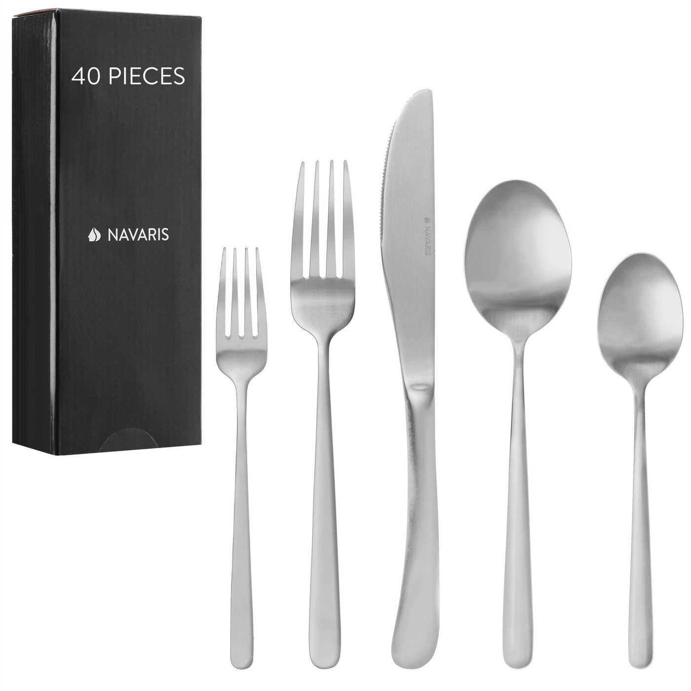 Navaris Besteck-Set Besteck Edelstahl 18/0 - Löffel Messer und Gabel Set - Cutlery Set (40-tlg), Edelstahl, Edelstahl Besteck Set 8 Pertsonen - 40-teiliges Besteckset matt von Navaris