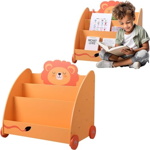 Navaris Bücherregal für Kinder - Kinderzimmer Regal für Bücher und Spielzeug aus Holz - 60 x 58 x 40 cm - Buchregal mit Rollen - Organizer Orange Gelb Löwe von Navaris