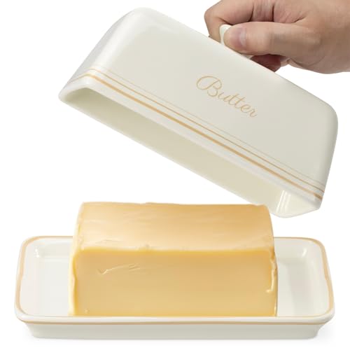 Navaris Butterdose aus Keramik - Steingut Butterglocke - 20,5 x 12,5 x 9,5 cm - klassische Butterschale creme weiß - Aufbewahrung für Butter von Navaris
