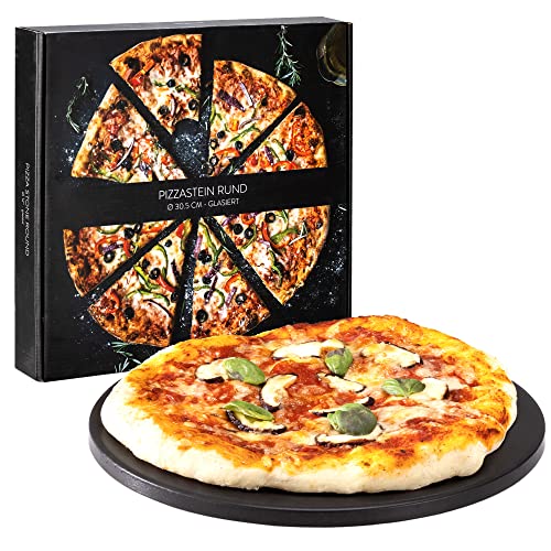 Navaris Cordierit Pizzastein XL für Backofen Grill - Ø30,5cm Pizza Stein Ofen Flammkuchen - Gasgrill Holz-Kohle Herd Teller - glasiert inkl. Rezeptbuch von Navaris