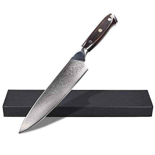 Navaris Damastmesser 20cm Klinge Griff aus Ebenholz - Stahl Küchenmesser Damast Messer aus Damaststahl sehr scharf - mit Holzgriff und Geschenkbox von Navaris