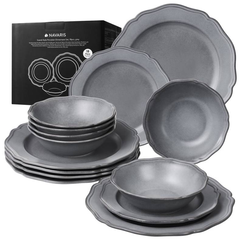Navaris Dekoobjekt 6 Personen Tafelservice - Kombiservice Speiseteller Suppenteller (18 St), Scandi Stil Porzellan Geschirrset - 18-teiliges Teller Set in Grau von Navaris
