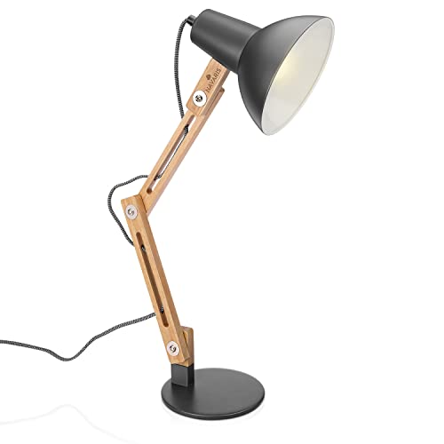 Navaris Design Holz Schreibtischlampe - E27 Fassung - mit Standfuß - Retro Tischlampe mit verstellbarem Gelenkarm - Vintage Nachttischlampe Dunkelgrau von Navaris