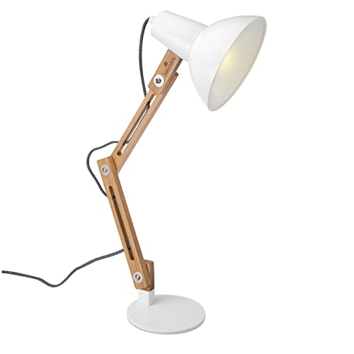 Navaris Design Holz Schreibtischlampe - E27 Fassung - mit Standfuß - Retro Tischlampe mit verstellbarem Gelenkarm - Vintage Nachttischlampe Weiß von Navaris
