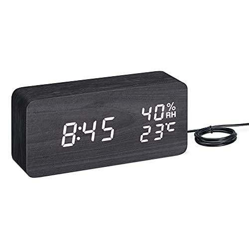 Navaris Design LED Digitalwecker in Holzoptik - mit Temperaturanzeige Hygrometer Datumsanzeige 3 Alarmzeiten - Wecker Uhr digital - schwarz-weiß von Navaris