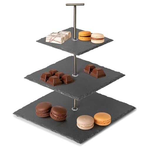 Navaris Dessert Ständer - 3 stöckiger Dessert Ständer - Kuchenständer 3 Etagen - Cupcake Ständer - Tortenständer - Servier Ständer - Naturschiefer von Navaris
