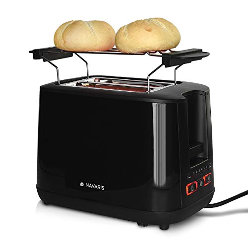 Navaris Doppelschlitz Toaster mit Brötchenaufsatz - 2 extragroße Toast Schlitze - 6 Stufen - automatische Brotzentrierung - 1000W - Schwarz von Navaris