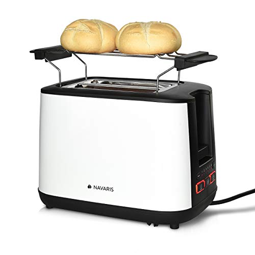 Navaris Doppelschlitz Toaster mit Brötchenaufsatz - 2 extragroße Toast Schlitze - 6 Stufen - automatische Brotzentrierung - 1000W - Weiß von Navaris