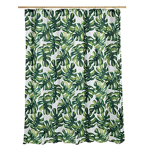 Navaris Duschvorhang 180x180 cm - Badewannen Stoff Vorhang lang mit 12 Kunststoff Ringen - schnelltrocknend - Monstera Blatt Design - grün weiß von Navaris