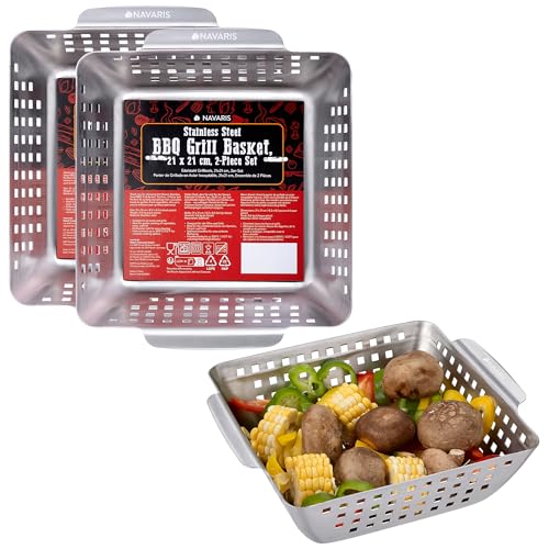 Navaris Edelstahl Grillschale 2er Set - Grillkorb Gemüse - Grillpfännchen für Grill - Grill Schale für Gemüse - Hervorragende Hitzespeicherung - Für alle Grilltypen - 21x21 von Navaris