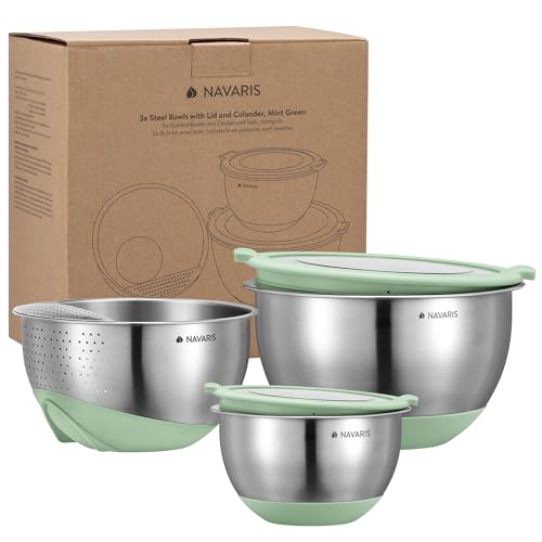 Navaris Edelstahl Schüssel Schale mit Deckel und Sieb - 3-teiliges Set - 2x Rührschüssel 1x Sieb - Salatschüssel Edelstahlschüssel Schüsselset - Behälter in Mintgrün Navaris Edelstahl Schüssel Schale mit Deckel und Sieb - 3-teiliges Set - 2x Rührschüssel 1x Sieb - Salatschüssel Edelstahlschüssel Schüsselset - Behälter in Mintgrün von Navaris