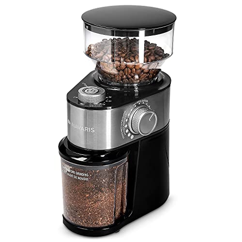 Navaris Elektrische Kaffeemühle mit Edelstahl Scheibenmahlwerk - 200W - für bis zu 14 Tassen Kaffee - 18 Mahlgrade - Kaffee Mühle Metallic Silber von Navaris
