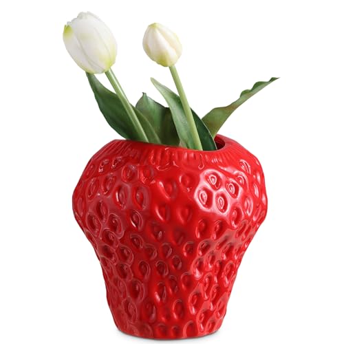 Navaris Erdbeer Vase rot - Deko Blumenvase für Fensterbank Sideboard Kommode - für Blumenarrangements und Trockenblumen - Wohnzimmer Deko - einzigartiges Design von Navaris