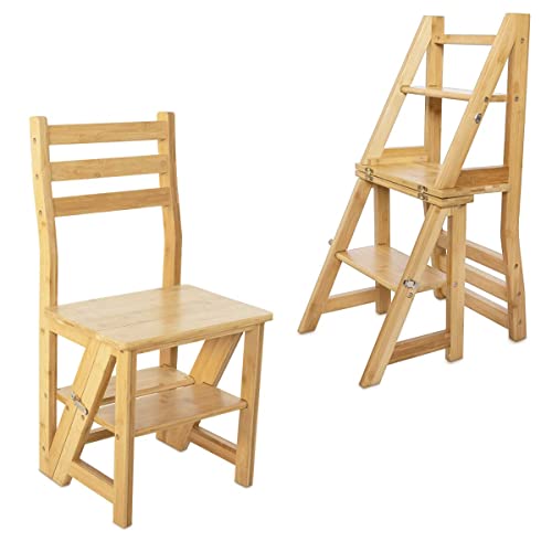 Navaris Faltstuhl mit Leiter Funktion - Stuhl 3-Stufen Trittleiter und Blumenleiter in einem - Bambus Klappstuhl Klapptritt - Küchenstuhl faltbar von Navaris