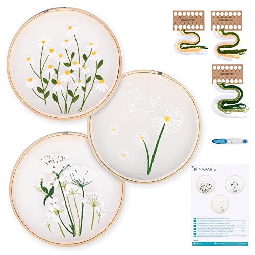 Navaris Garn Blumen DIY 3er Stickset - 3X Stickerei Set für Anfänger - Stickrahmen mit transparentem Blumen Design vorgedruckt - Stick Sets Vorlage von Navaris