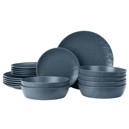 Navaris Steingut Geschirr Set 6 Personen (18 Teile) - Teller Set Geschirrset Geschirr - Tafelservice mit Suppenteller Tellerset - Kombiservice - Tafelservice 6 Personen - Smokey Blue von Navaris