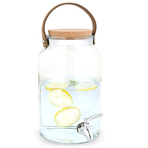Navaris Getränkespender 5,6 Liter aus Glas - mit Zapfhahn aus Edelstahl und Kork Deckel - Wasserspender Glasbehälter für kalte Getränke von Navaris