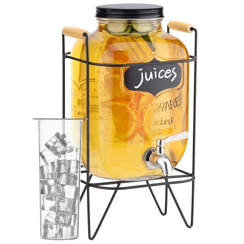 Navaris Getränkespender 5 Liter aus Glas - Zapfhahn aus Edelstahl und Ständer - Wasserspender Glasbehälter für kalte Getränke - 2 Kunststoffeinsätze enthalten von Navaris