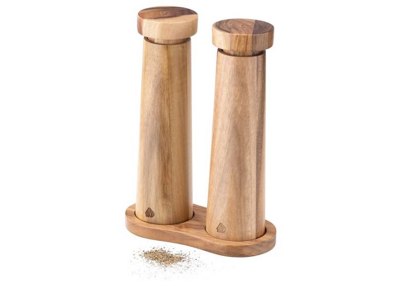 Navaris Gewürzbehälter Salz und Pfeffer Mühle Set - Gewürzmühle Grinder Streuer mit Tablett, Akazienholz, (3-tlg) von Navaris