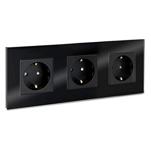Navaris Glas Schuko Steckdose dreifach - mit Montagematerial - Design Schutzkontakt Wandsteckdose mit Glasrahmen - in Schwarz Navaris Glas Schuko Steckdose dreifach - mit Montagematerial - Design Schutzkontakt Wandsteckdose mit Glasrahmen - in Schwarz von Navaris