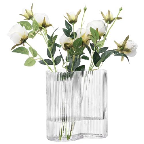 Navaris Glasvase geriffelt groß - 18,5x12x20cm - Blumenvase Glas minimalistisch Skandinavischer Stil - Vase Glas für Blumenarrangements Deko Wohnzimmer - Vase mit Rillen von Navaris
