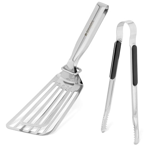 Navaris Grill Zubehör 3-teiliges Set - 1x Doppel Pfannenwender Edelstahl - 1x Grillzange Edelstahl - 1x Metallring zur einfachen Aufbewahrung - BBQ Grillbesteck Set von Navaris