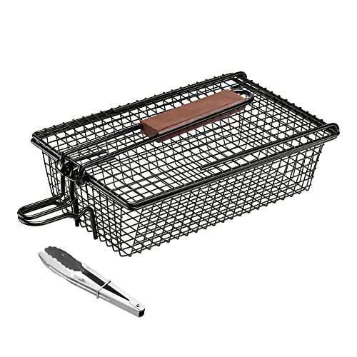 Navaris Grillkorb mit Haltegriff - inkl Grillpinzette - 28 x 19,5 x 9cm - Grill Zubehör Korb für Fisch Gemüse Fleisch - BBQ Gemüsekorb Fischhalter von Navaris