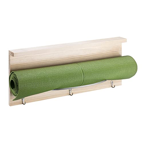 Navaris Hängeregal für Yogamatte aus Holz - 60 x 24,5 cm Wandhalterung mit Haken und Ablage - Halterung für Yoga Matte Rolle - Wandregal Organizer von Navaris