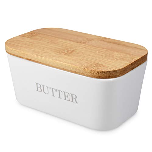 Navaris Keramik Butterdose mit Bambusdeckel - mit Silikon Dichtungsring - 16 x 10 x 7,7cm - für Butter und andere Lebensmittel - Butterschale weiß von Navaris