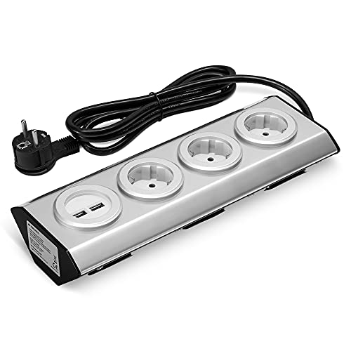 Navaris Küchensteckdose 3-fach mit USB - Edelstahl Mehrfach-Steckdosenleiste mit 2 USB-Ports - Mehrfachsteckdose Steckerleiste für Küche in Silber von Navaris