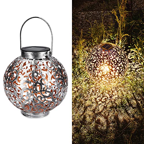 Navaris Metall LED Solarlaterne außen - Tragegriff - 16cm - cooler Schatteneffekt - Orientalische Garten Solar Laterne - Gartendeko Lampe Silber von Navaris