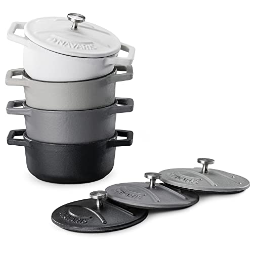 Navaris Mini Cocotte Set - 4x Gusseisen Mini Topf Schwarz Weiß - Optimale Wärme Distribution - Mini Auflaufform mit Deckel - Kleine Dessert Töpfe - Auflaufförmchen backofenfest von Navaris