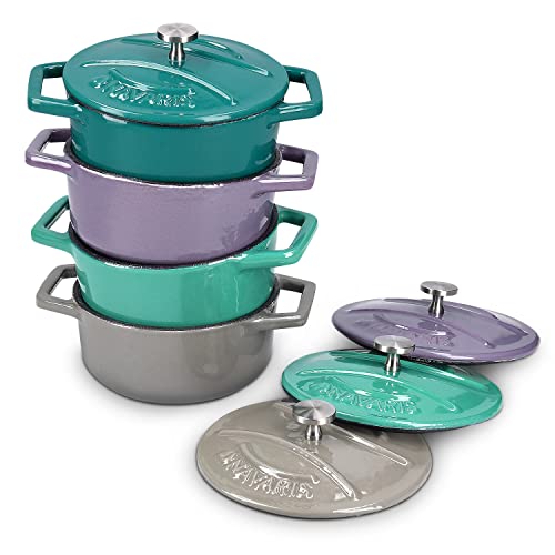 Navaris Mini Cocotte Set - 4x Gusseisen Mini Topf Grün Lila - Optimale Wärme Distribution - Mini Auflaufform mit Deckel - Kleine Dessert Töpfe - Auflaufförmchen backofenfest von Navaris