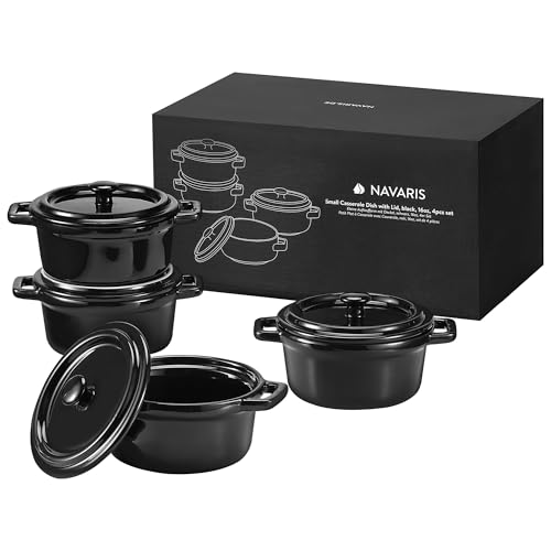 Navaris Mini Cocotte - Vielseitige Mini Auflaufform mit Deckel ofenfest - 4er Set - Souffle Förmchen - Ideal für Lasagne, Pudding, Omelettes, Suppen - Keramik - Schwarz von Navaris