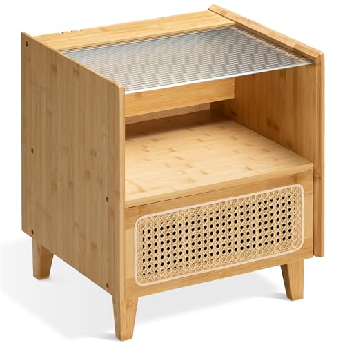 Navaris Nachtschrank aus Bambus mit Rattan Look - Nachttisch Rattan mit Schublade und Glas Oberfläche - Beistelltisch Boho - Nachttisch Wiener geflecht - kleine Kommode Braun von Navaris