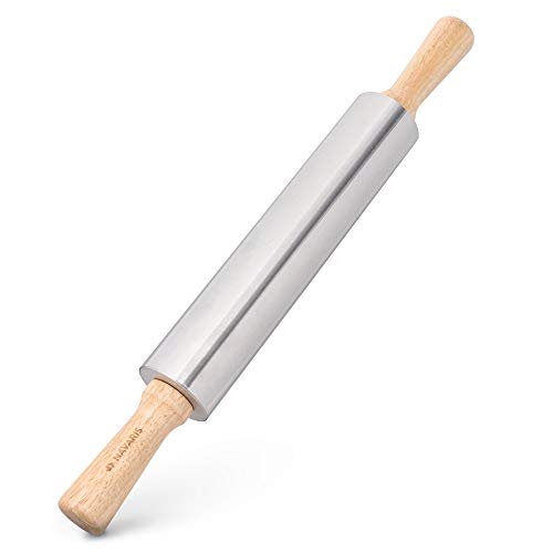 Navaris Nudelholz aus Edelstahl mit Holzgriffen - Teigroller mit Metallachse - Rollholz Wellholz Walze Nudelwalker - zum Backen Ausrollen von Navaris