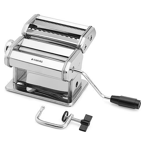 Navaris Nudelmaschine Pasta Maschine mit Holzgriff - Pasta Maker für Spaghetti Lasagne Nudeln - Nudel Maschine aus Edelstahl - mit 9 Teigstufen von Navaris