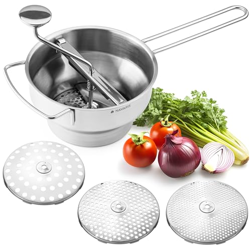 Navaris Passiergerät aus Edelstahl mit 3x Siebeinsatz - Passiermühle für Suppe Marmelade Baby Brei Saucen - 3 Stück Sieb Einsätze - Mühle Presse aus langlebigem Edelstahldesign von Navaris