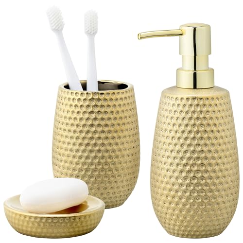 Navaris Premium Badset - Luxuriöses Badezimmer Set in Gold - Seifenspender, Seifenschale und Zahnputzbecher - Elegantes Badezimmer Zubehör Set - Seifenspender Set von Navaris