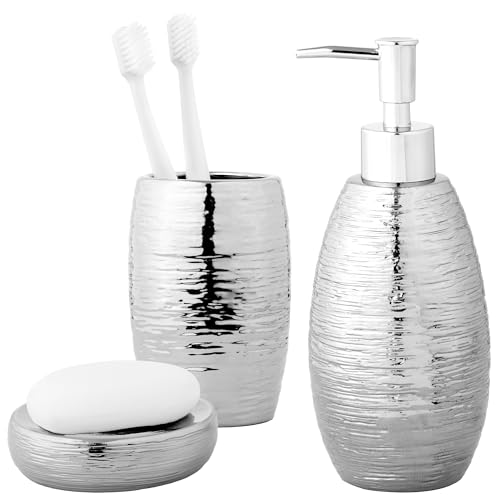 Navaris Premium Badset - Luxuriöses Badezimmer Set in Silber - Seifenspender, Seifenschale und Zahnputzbecher - Elegantes Badezimmer Zubehör Set - Seifenspender Set von Navaris