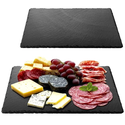 Navaris Schiefer Teller Platzset 2-teilig inkl. Kreide - 38x28cm Schieferplatten 2X Servierplatte - Servierteller Schieferplatte Sushi Geschirr eckig von Navaris