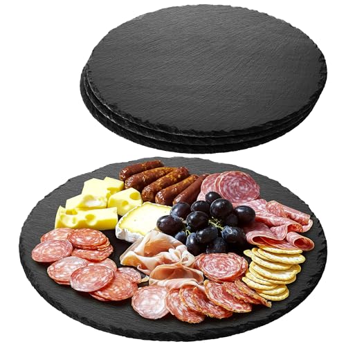 Navaris Schiefer Teller Platzset 4-teilig inkl. Kreide - Ø28cm Schieferplatten 4x Servierplatte - Servierteller Schieferplatte Sushi Geschirr rund von Navaris